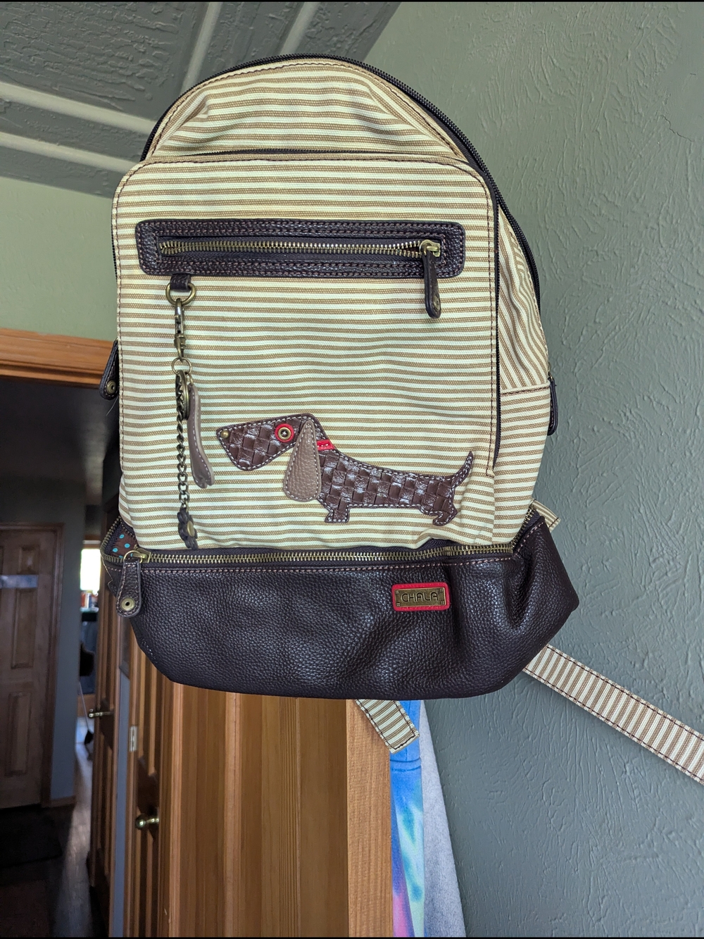 Chala Striped Beige & Brown Dachshund Accent Backpack
